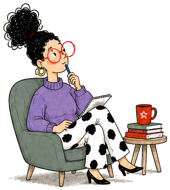 Freddy character sitting in an armchair, thinking with a notebook